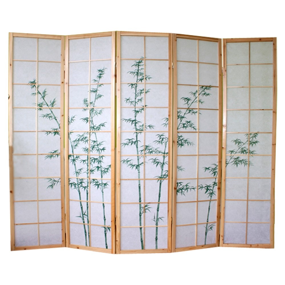  Paravent  japonais  en bois naturelle dessin bambou  de 5 