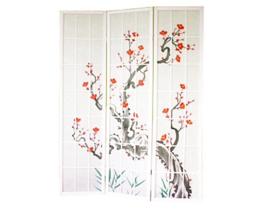 Paravent Japonais 3 Panneaux Fleur De Cerisier - Bois Noir Élégant 132 X 175 Cm - Séparateur D'Espace Style Zen PEGANE