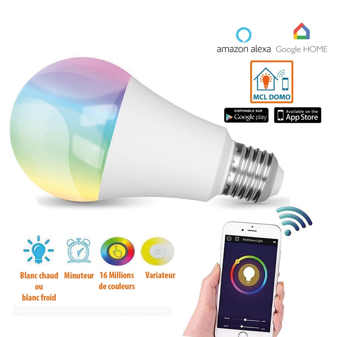 Ampoule multicolore connectée Wifi compatible Google Home et Alexa MCL Pas  Cher 