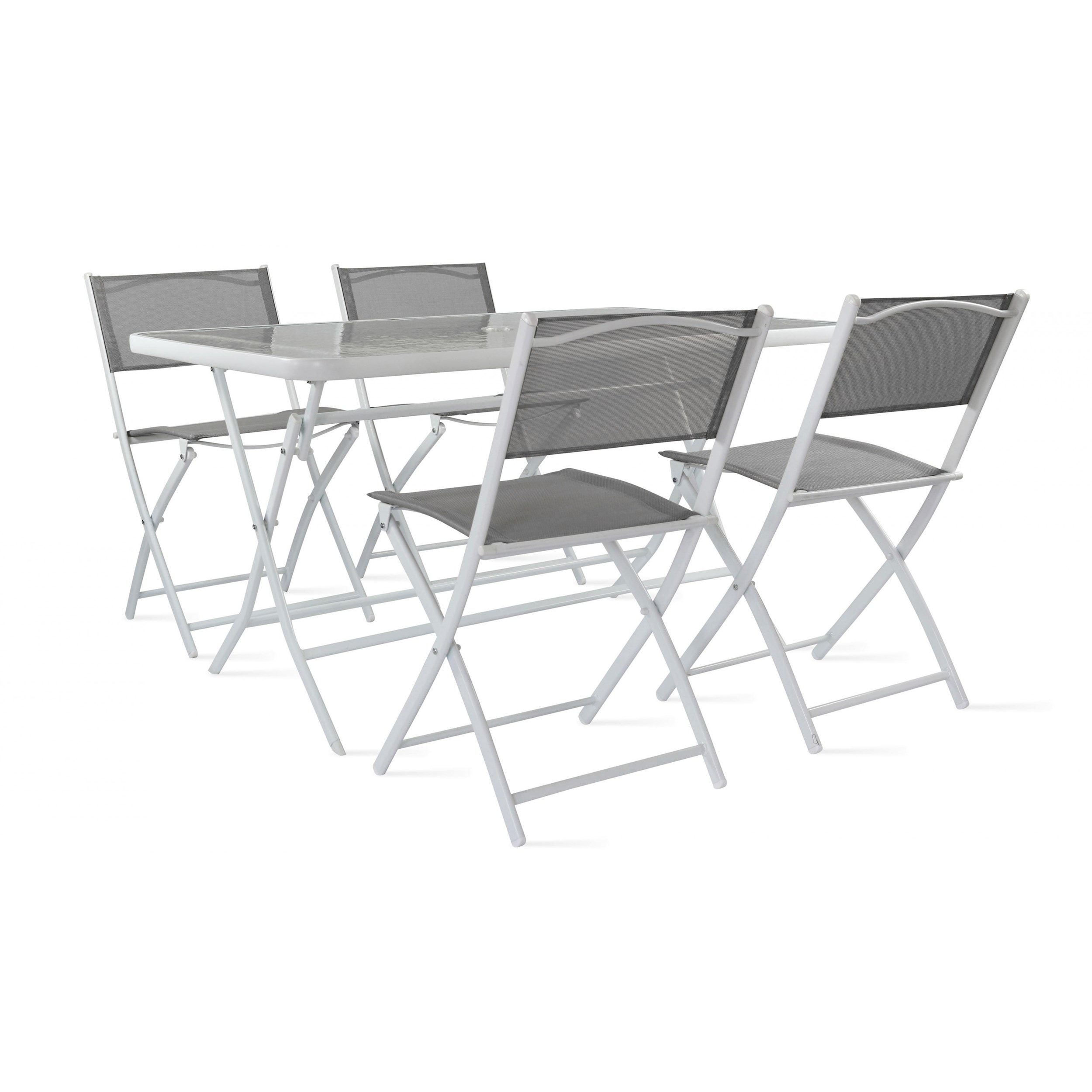 Table de jardin et 4 chaises pliantes en acier et verre TBD