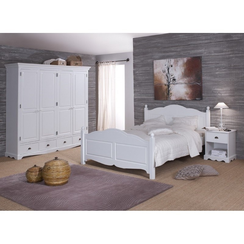 Chambre Blanche Complète Lit 160 + Armoire + Chevet BEAUX MEUBLES PAS
