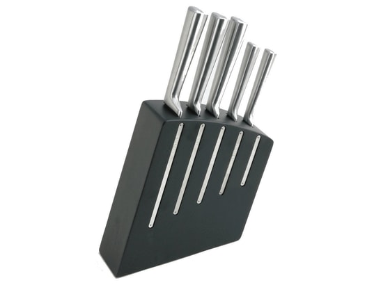 Pradel Excellence planche en bois avec 5 couteaux de cuisine, un fusil et  un éplucheur gris et noir