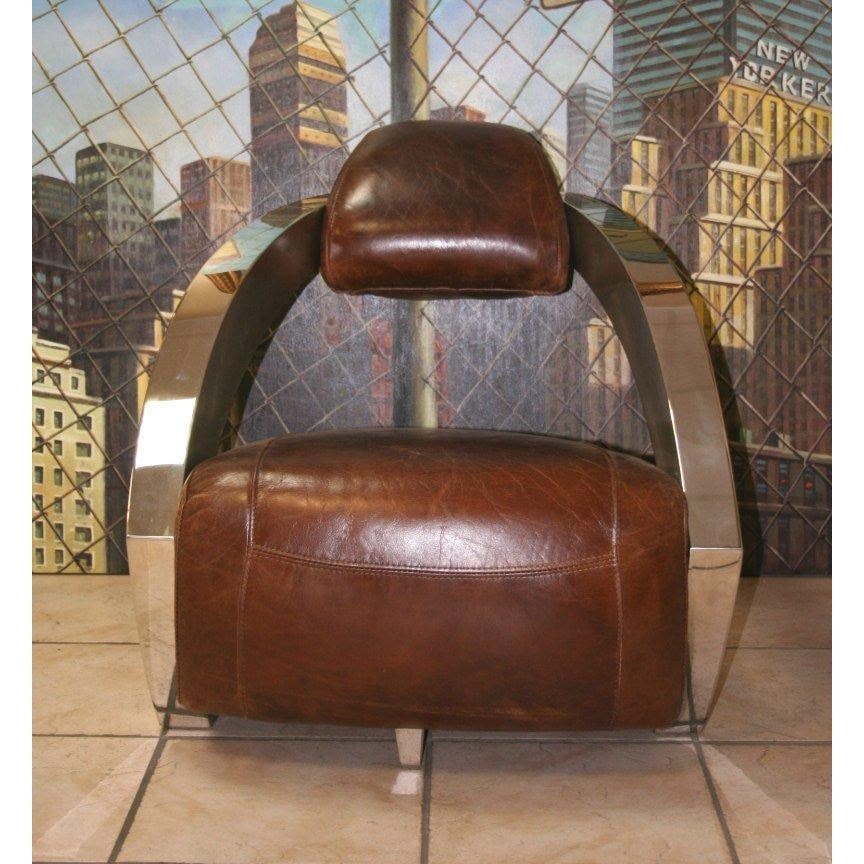 Fauteuil CLUB AVIATEUR Prestige en cuir marron vieilli, piétement