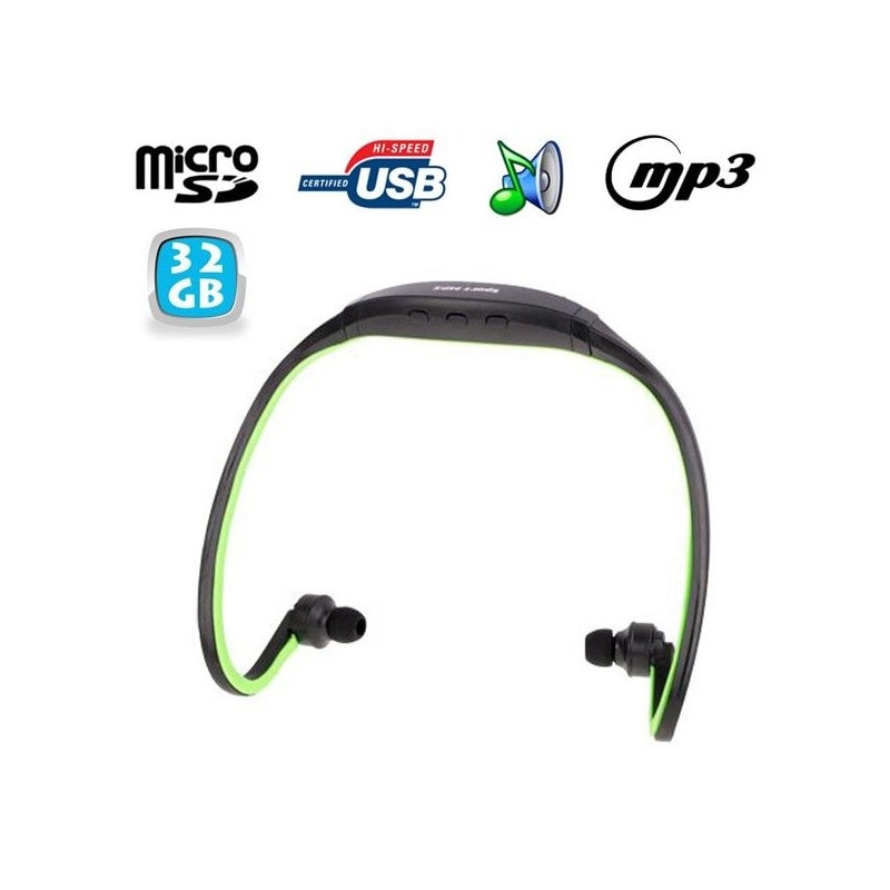 YONIS - Casque MP3 sport sans fil lecteur audio running vélo vert 32 Go
