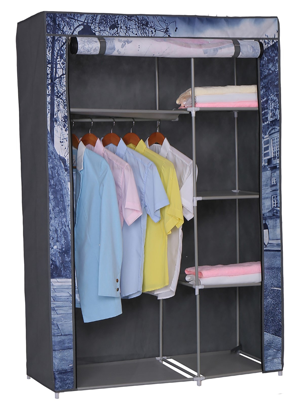 Armoire penderie en tissus non tissé, coloris gris motif London Dim