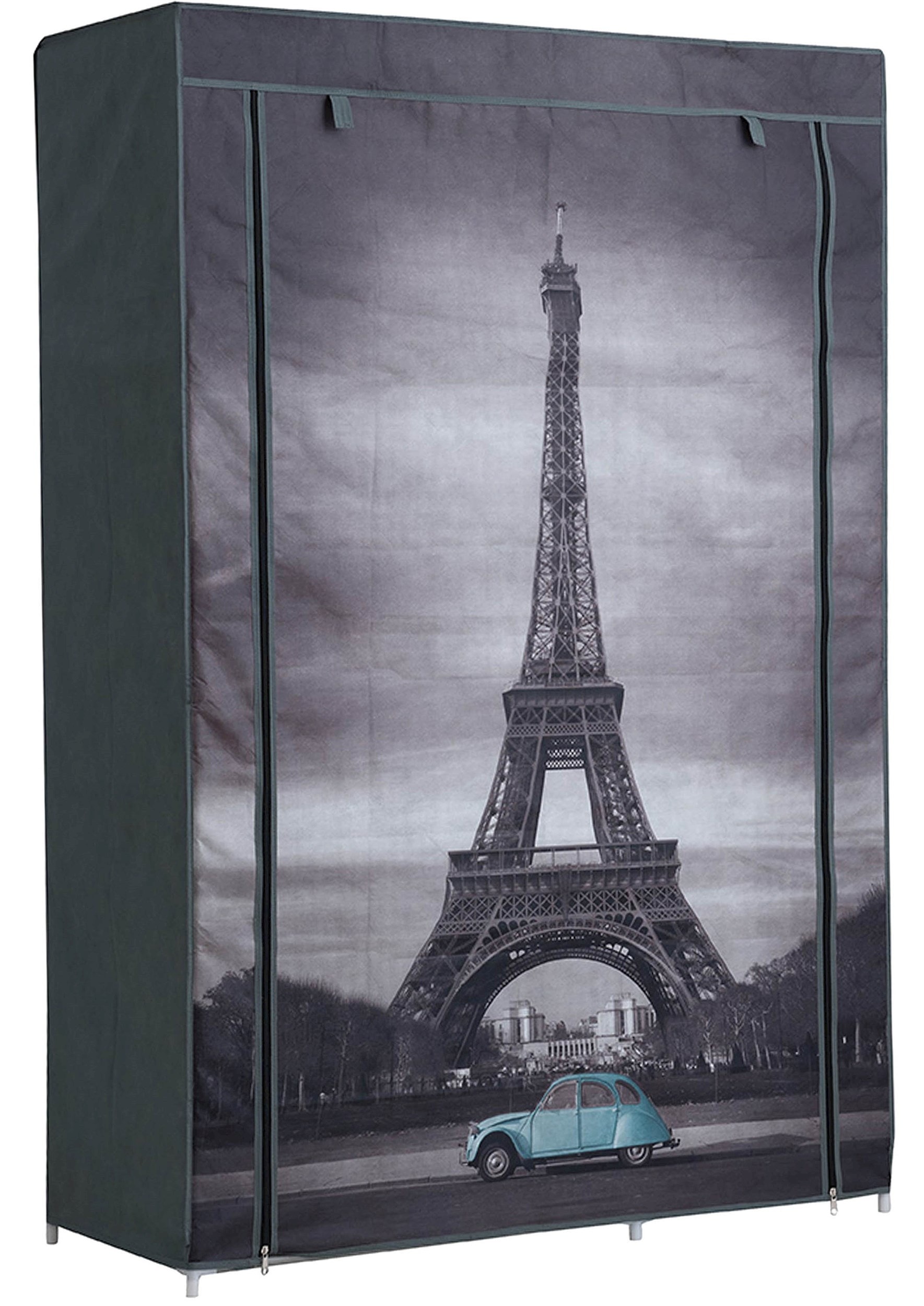 Armoire penderie en tissus non tissé, coloris gris motif Paris Dim L105 x P45 x H158cm