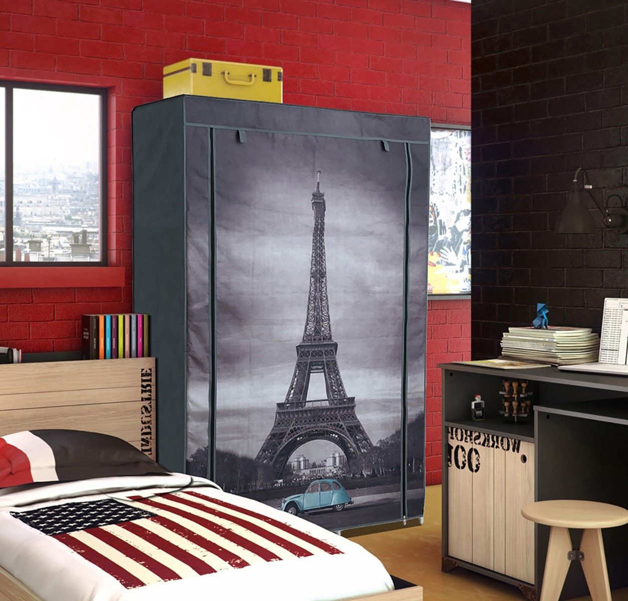 Armoire penderie en tissus non tissé, coloris gris motif Paris Dim