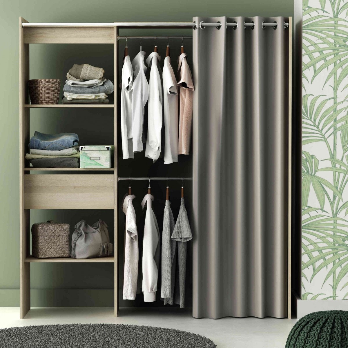 Dressing extensible en bois chêne kronberg rideau taupe DR150 TERRE