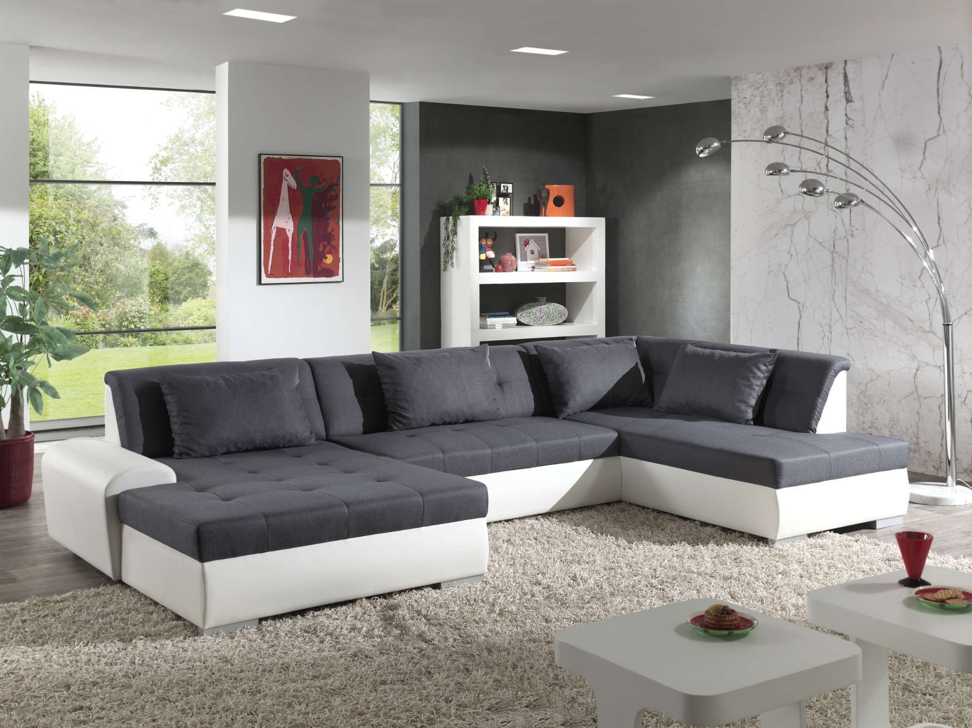Canapé D'Angle Panoramique Convertible OTIA XXL - 6/7 Places - Simili Et Tissu - Angle Droit Ou Gauche - Gris/Noir - 7