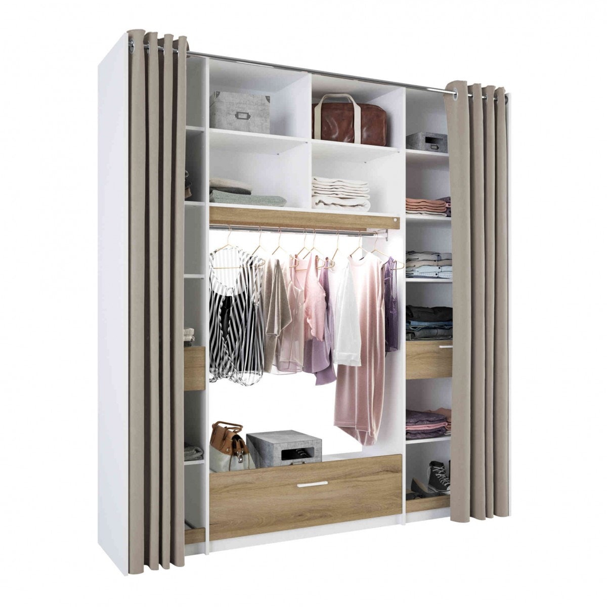 Dressing en bois chêne kronberg et blanc rideau taupe DR155 TERRE DE NUIT