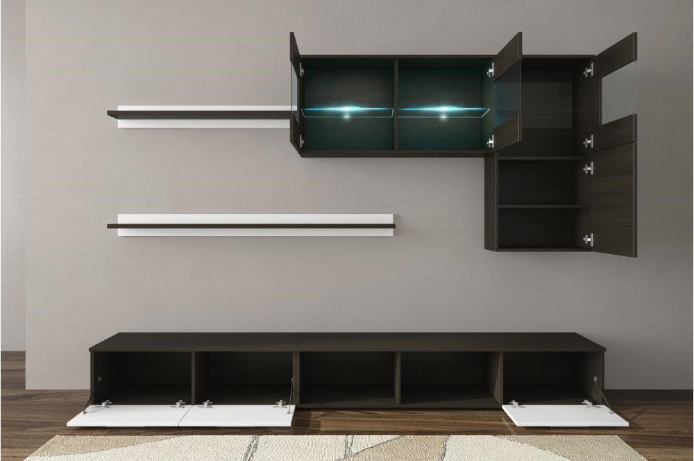Set de meuble TV et étagère murale Malvik panneau de particules 170 x 30 x  42 cm blanc noir [en.casa]