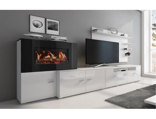 Meuble salon+cheminée électrique,5 niv.de flamme,Blanc Mat/Laqué Blanc  Brillant,290x170x45 INNOVATION