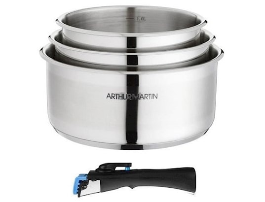 Batterie de cuisine ARTHUR MARTIN AM777GM Set de 3 casseroles - Gris Mat  16-18-20 cm + 1 poignée amovible - Tous feux dont - Cdiscount Maison