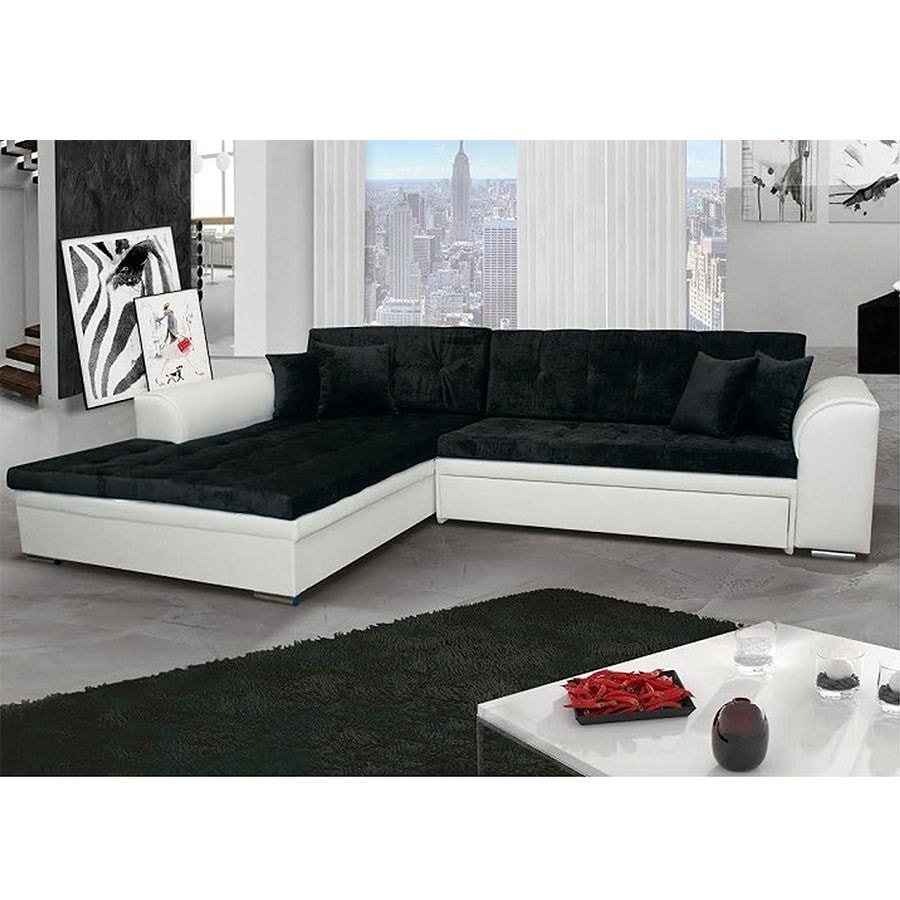 Canapé d'angle convertible, en tissu gris et simili noir - angle gauche (vu de face) - lucas - Mobilier Privé