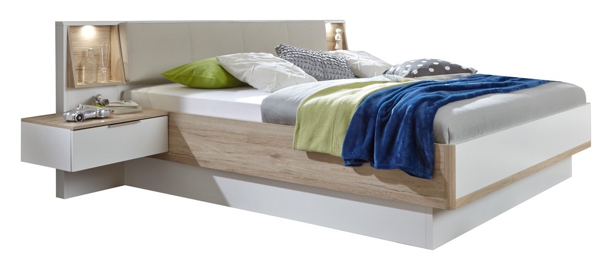 Lit futon adulte coloris Blanc rechampis Imitation chêne San Remo 180