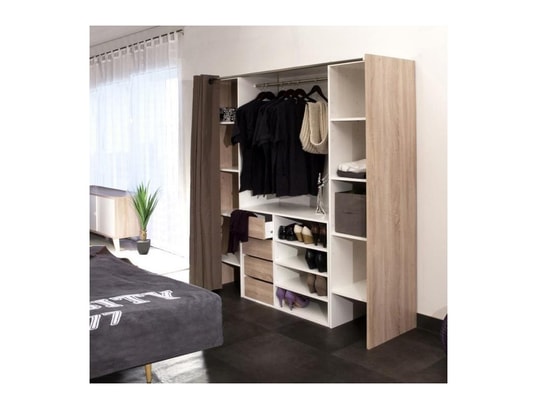 Kit dressing ARTIC avec rideau - Décor Chêne et Blanc - 1 penderie + 2  tiroirs - L 119 x P 48 x H 203 cm - Achat & prix