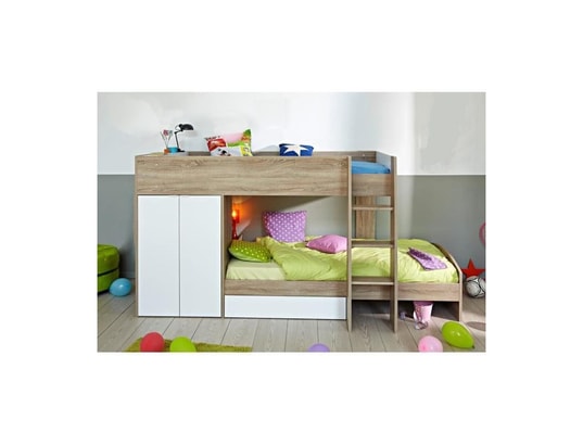 Lit superposé en pin massif 90x200cm avec escalier de rangement, bureau