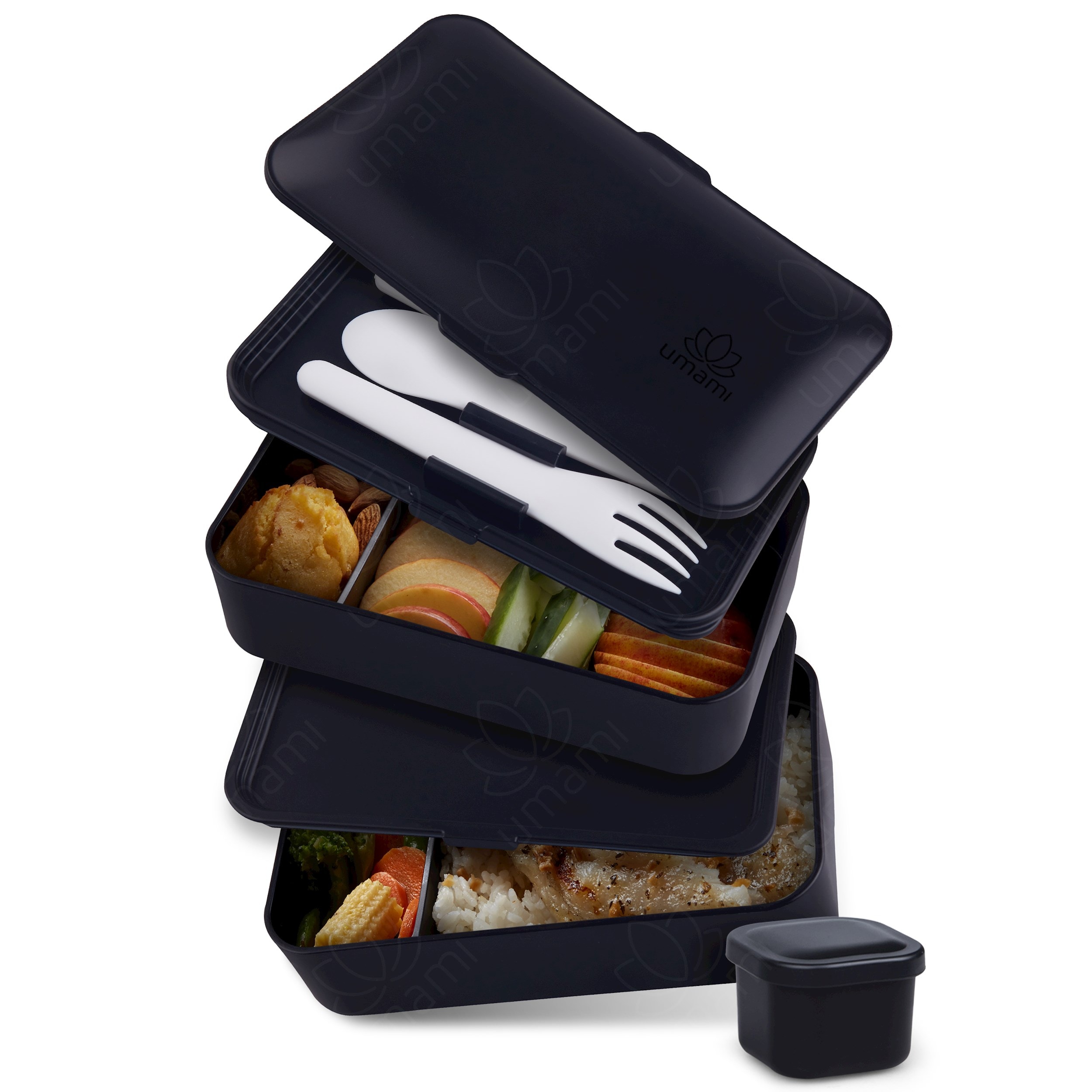 Lunch Box Bento Japonaise Premium + 3 Couverts Solides + 1 Pot À Sauce -  1200ml - Noir Mat UMAMI Pas Cher 