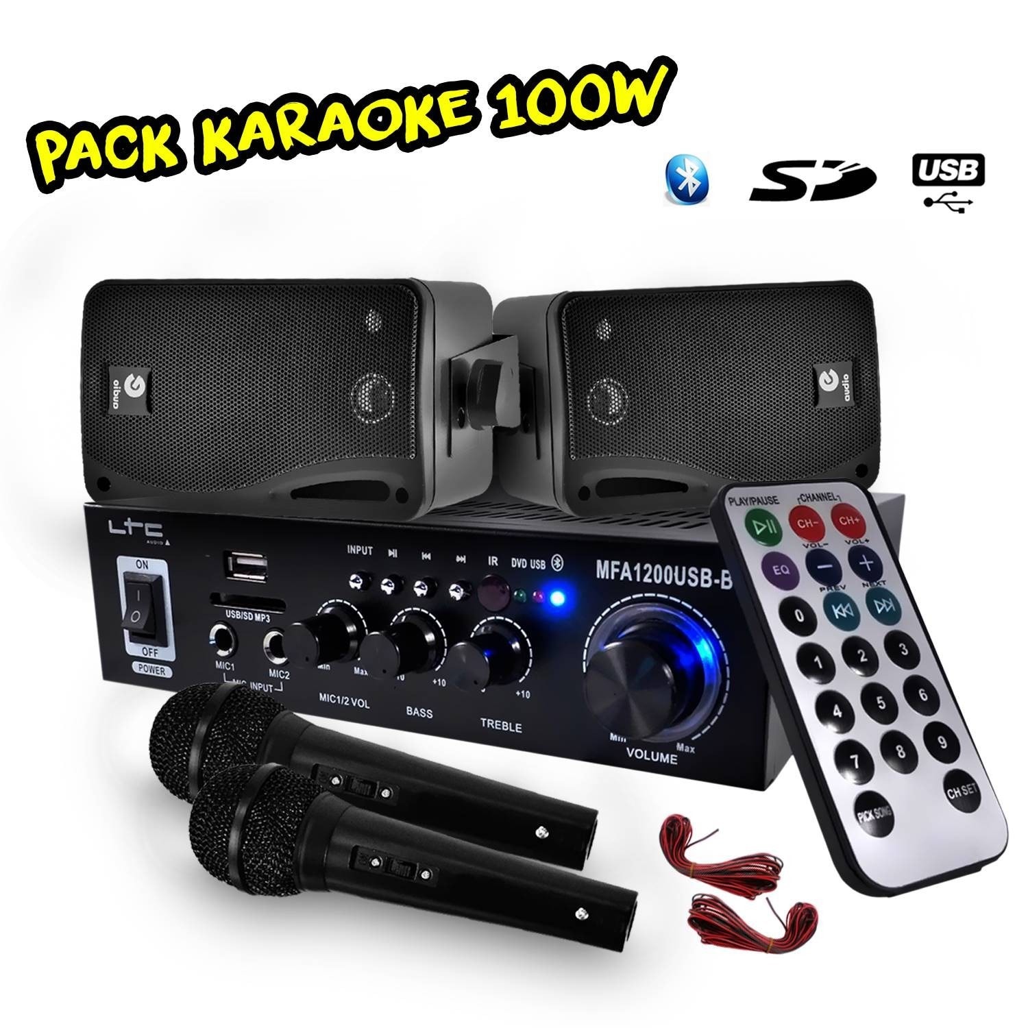 KARAOKE Ampli 100W BLUETOOTH/MP3/SD/USB + 2 Enceintes HIFI 80W + 2