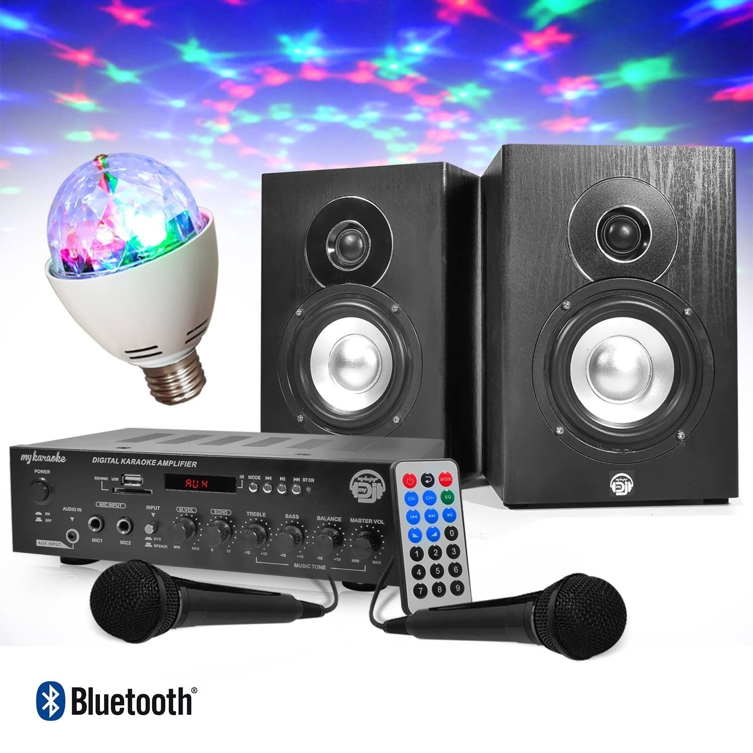 Kit KARAOKE Ampli 2x75W + 2 Enceintes HiFi 5 + 2 Micros + Tél