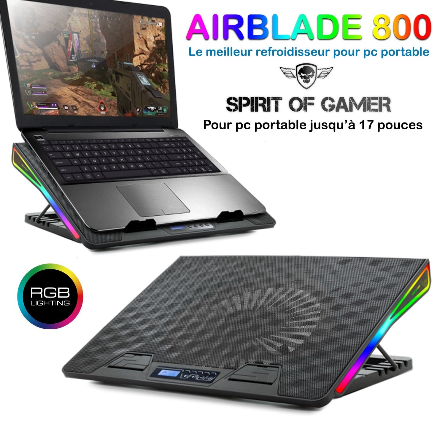 Support Refroidisseur Pour PC Portable Spirit Of Gamer AIRBLADE 1000 RGB - 2 Ventilateurs LED, 8 Positions, Port USB, Jusqu'à 17" - 5