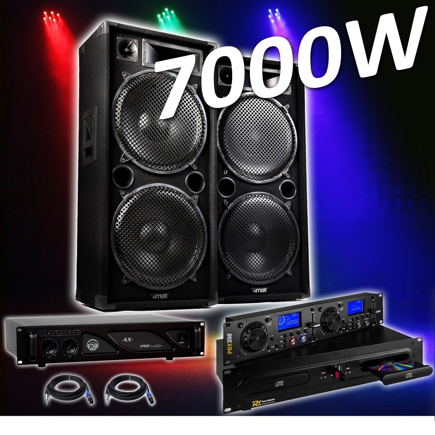 PACK SONO Complet 4000W PRO DJ MAX-215 4x38cm + Ampli AX 3000W + Power  Dynamics PDX350 Double Lecteur CD USB + Câbles GEMINI