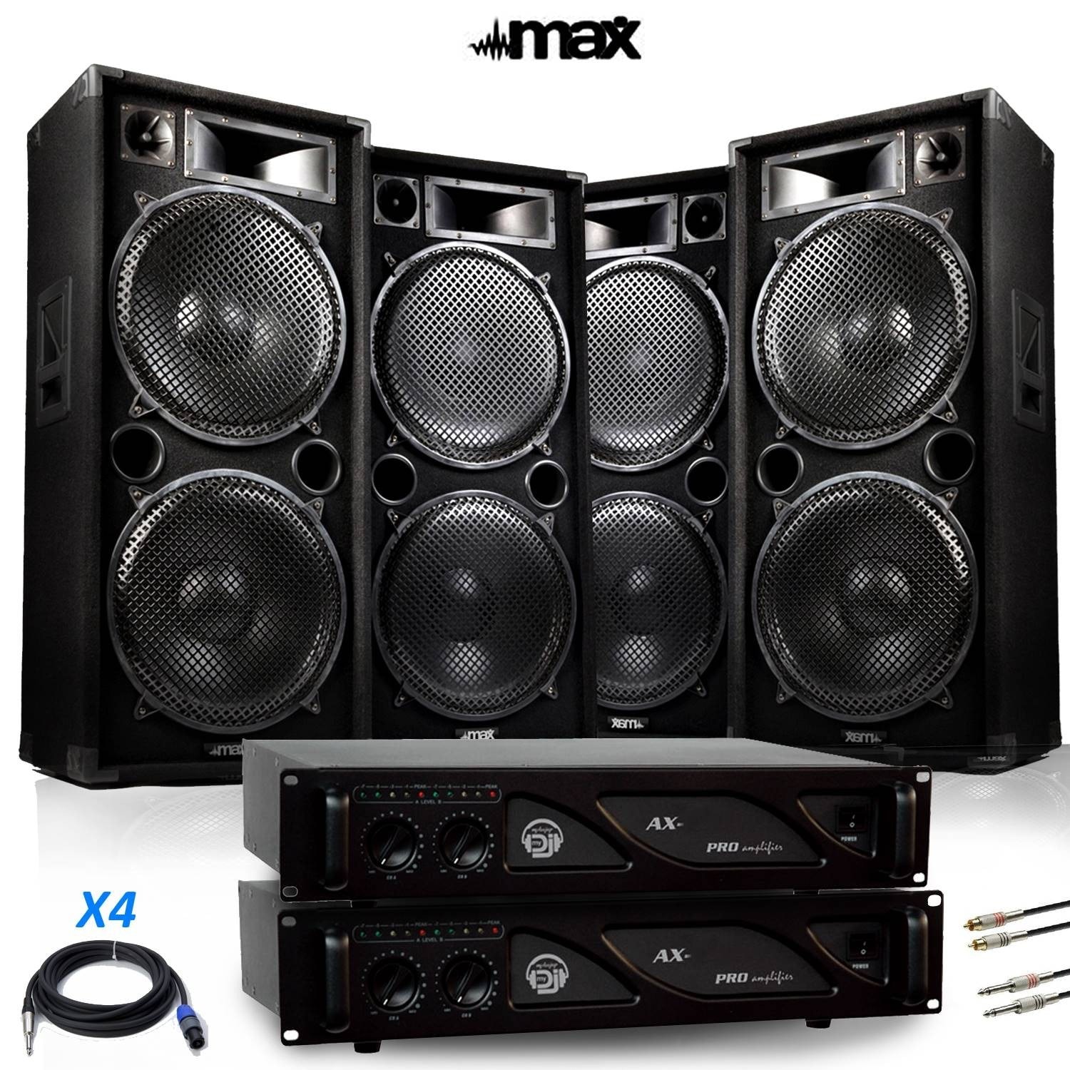 PACK SONO PRO 8000W DJ PA BAR CLUB Karaoké Max215 + 2 Amplificateurs AX3000  de 6000W + Câblages nécessaires SKYTEC