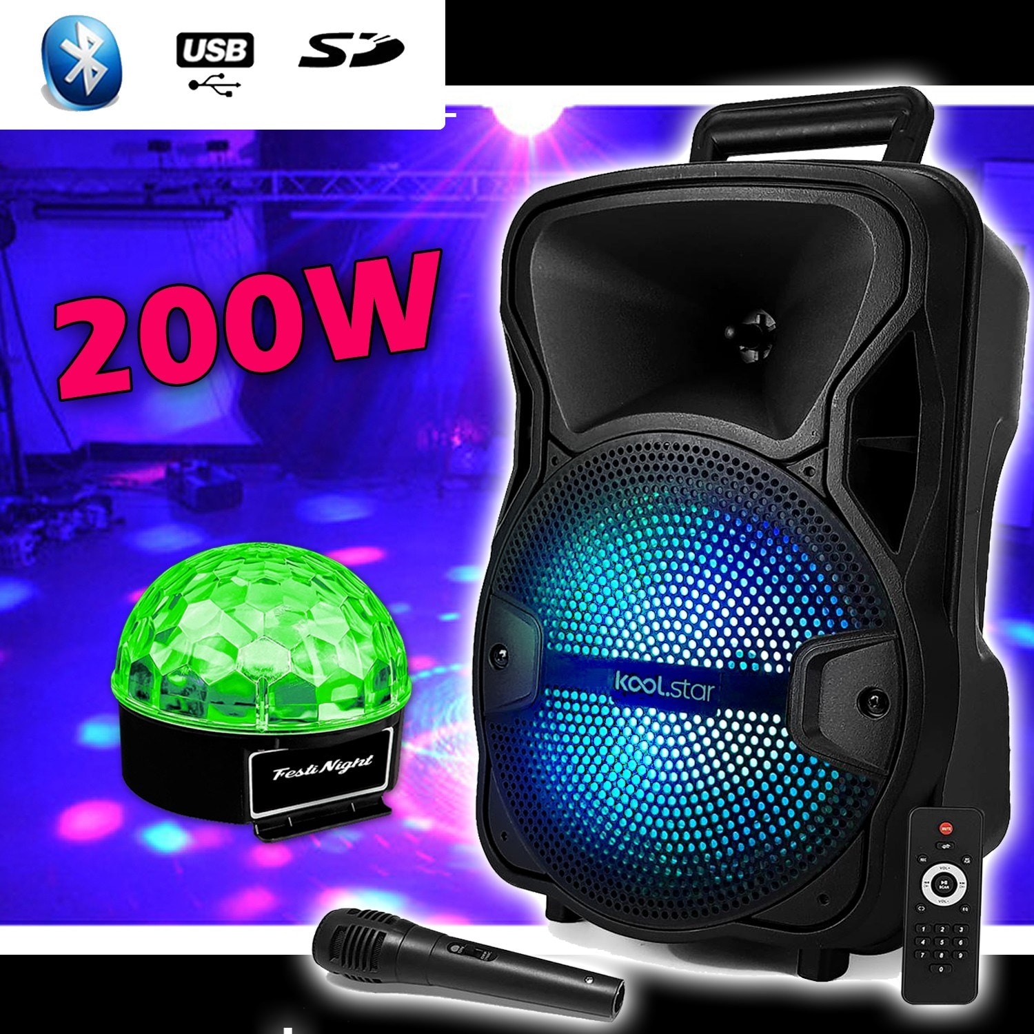 Enceinte Enfant SONO DJ SPACER08 Karaoke KOOLSTAR Mobile Batterie 8 - 200W  USB/Bluetooth/SD + Micro + Jeu Light UFO BALL6 KOOLSTAR