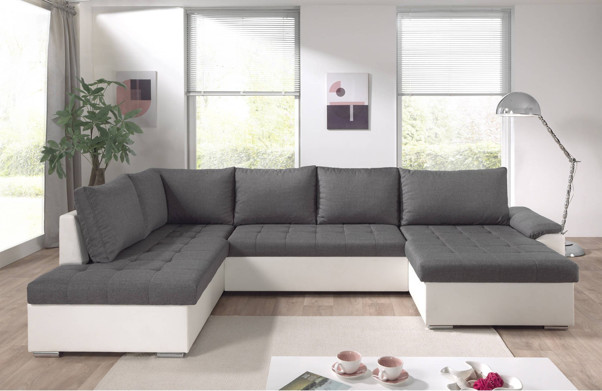 Topaze - Canapé Panoramique En U - 7 Places - Convertible Avec Coffre En Tissu Velours Relief Beige