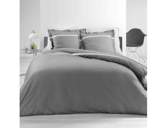 Parure de lit percale Satinéa gris/blanc 260x240 cm DOUCEUR D'INTERIEUR