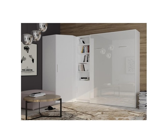 Composition armoire lit escamotable SMART-V2 blanc mat Couchage 140 x 200  cm 2 colonnes rangements + angle blanc Bois Inside75