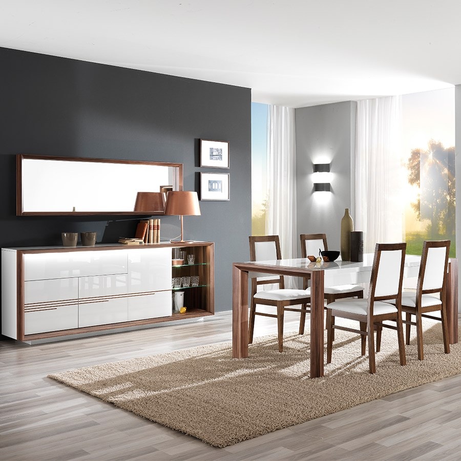 Salle à manger blanc laqué et couleur noyer moderne LUGOS NOUVOMEUBLE