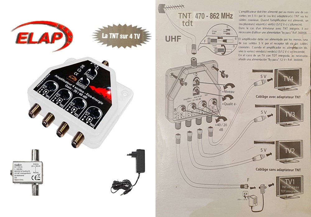 Amplificateur Intérieur TNT 21 DB Réglable Avec 1 Entrée TNT Et 2 Sorties Tv