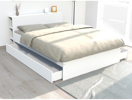 Lit eugene avec tête de lit rangements et tiroirs - 140x190cm - blanc  VENTE-UNIQUE Pas Cher | UBALDI.coms