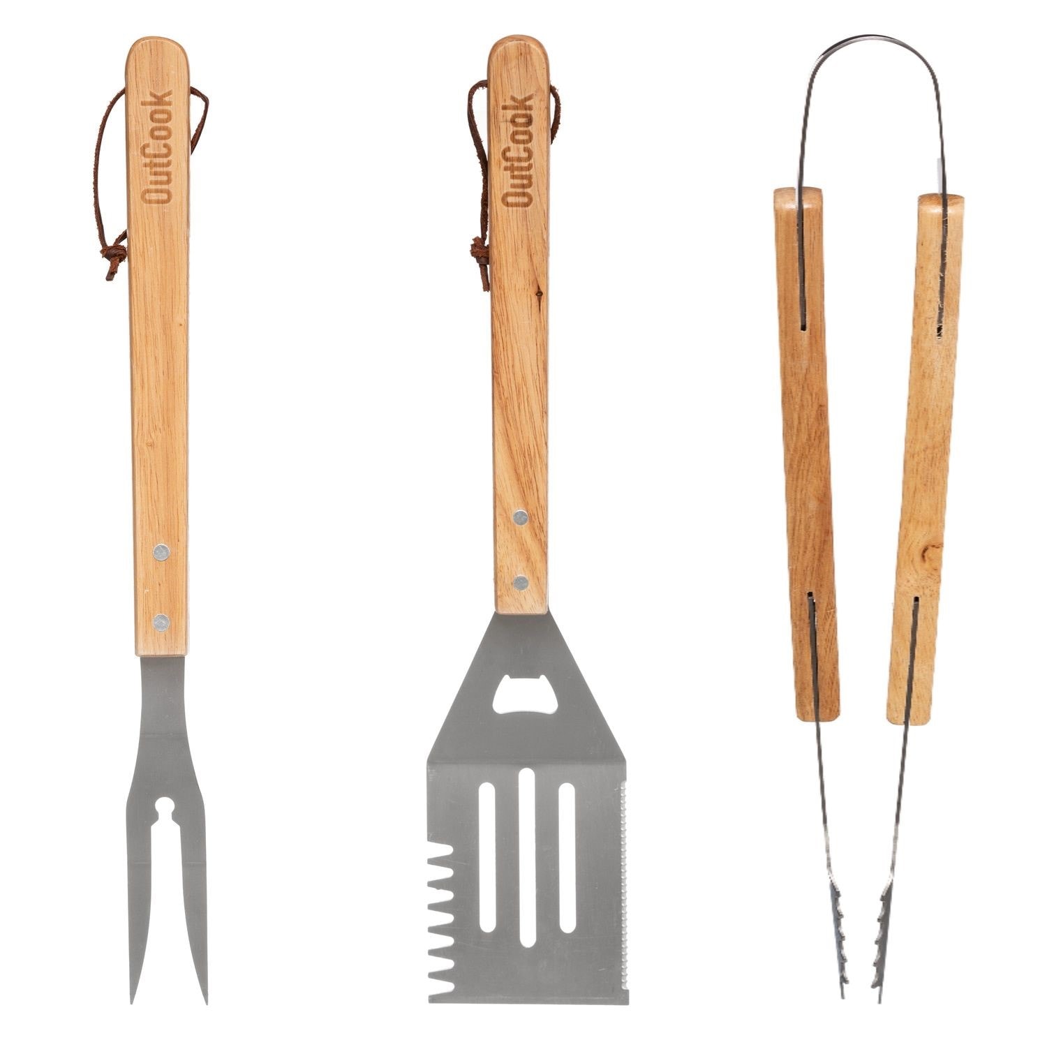 3 ustensiles pour barbecue en inox et manche en bois JJA 513533 Pas Cher 