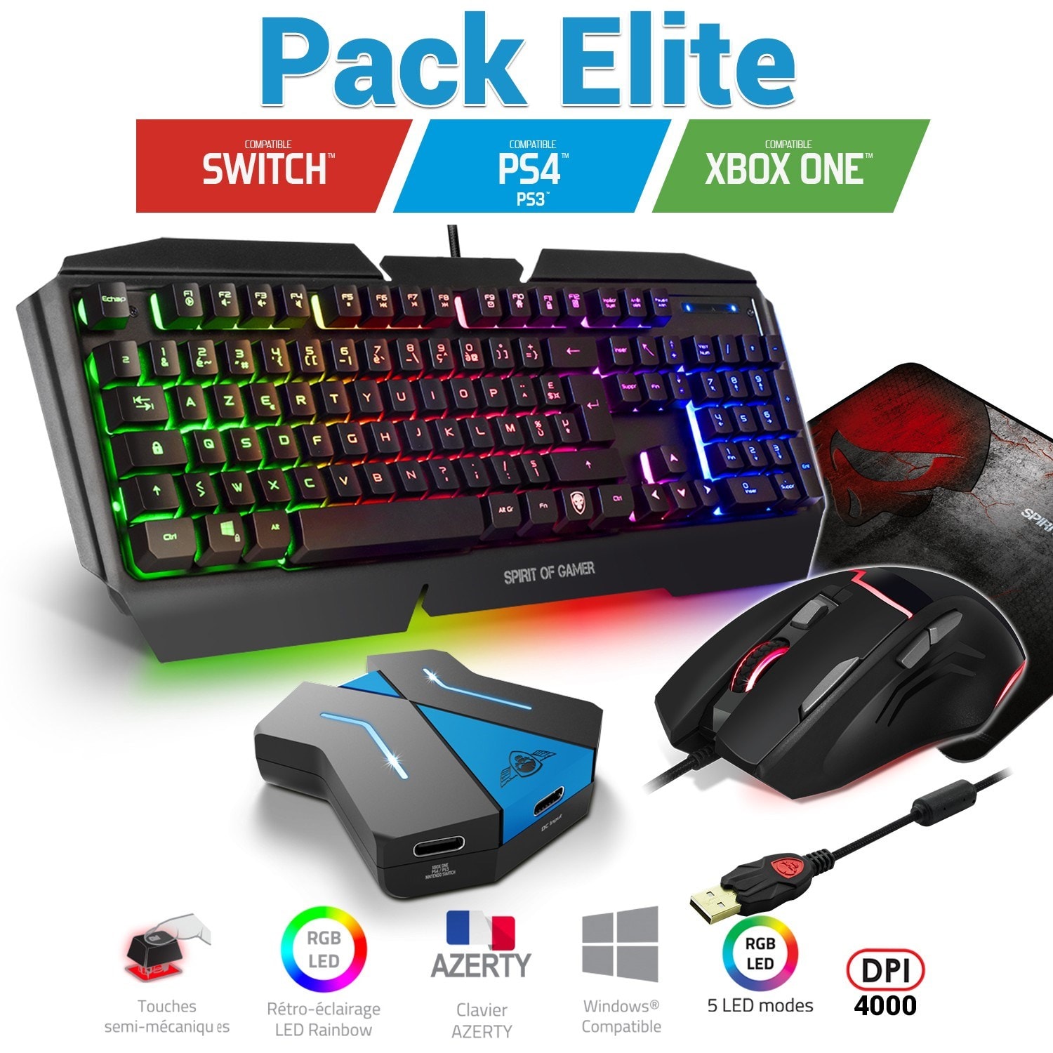 Pack clavier, souris et tapis elite avec convertisseur pour ps4 / xbox one / switch SPIRIT OF
