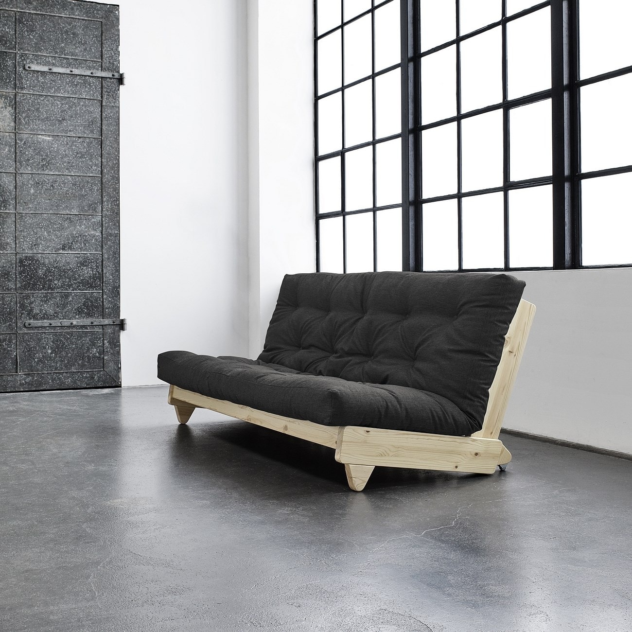 Pack futon latex gris anthracite 140x200 banquette fresh bois naturel TERRE DE NUIT