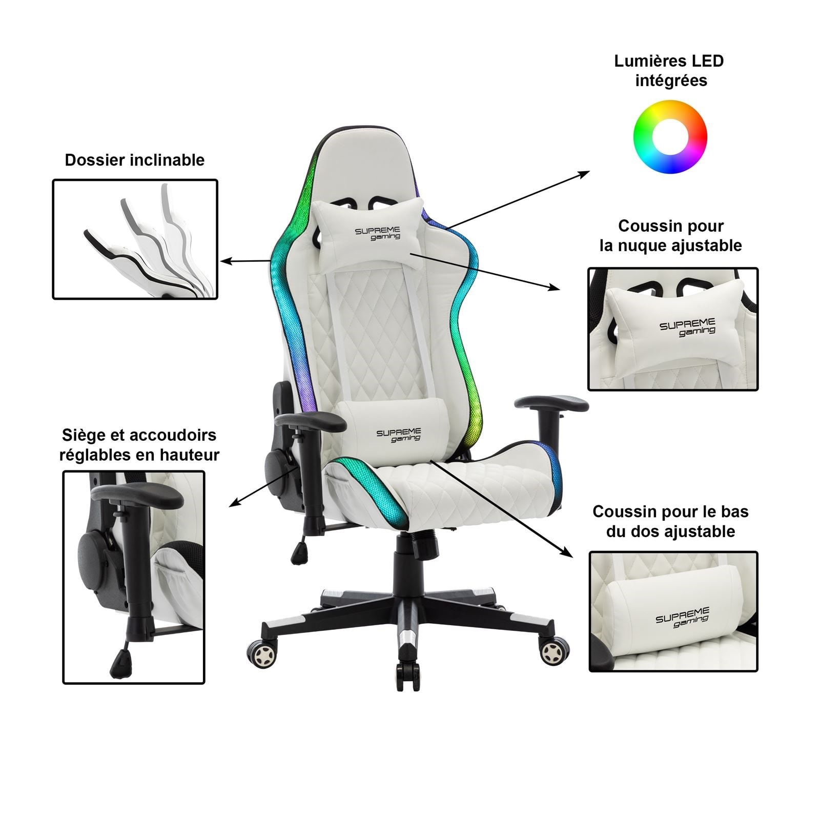Chaise de bureau gaming legend avec éclairage led fauteuil gamer  ergonomique, siège à roulettes revêtement synthétique blanc IDIMEX