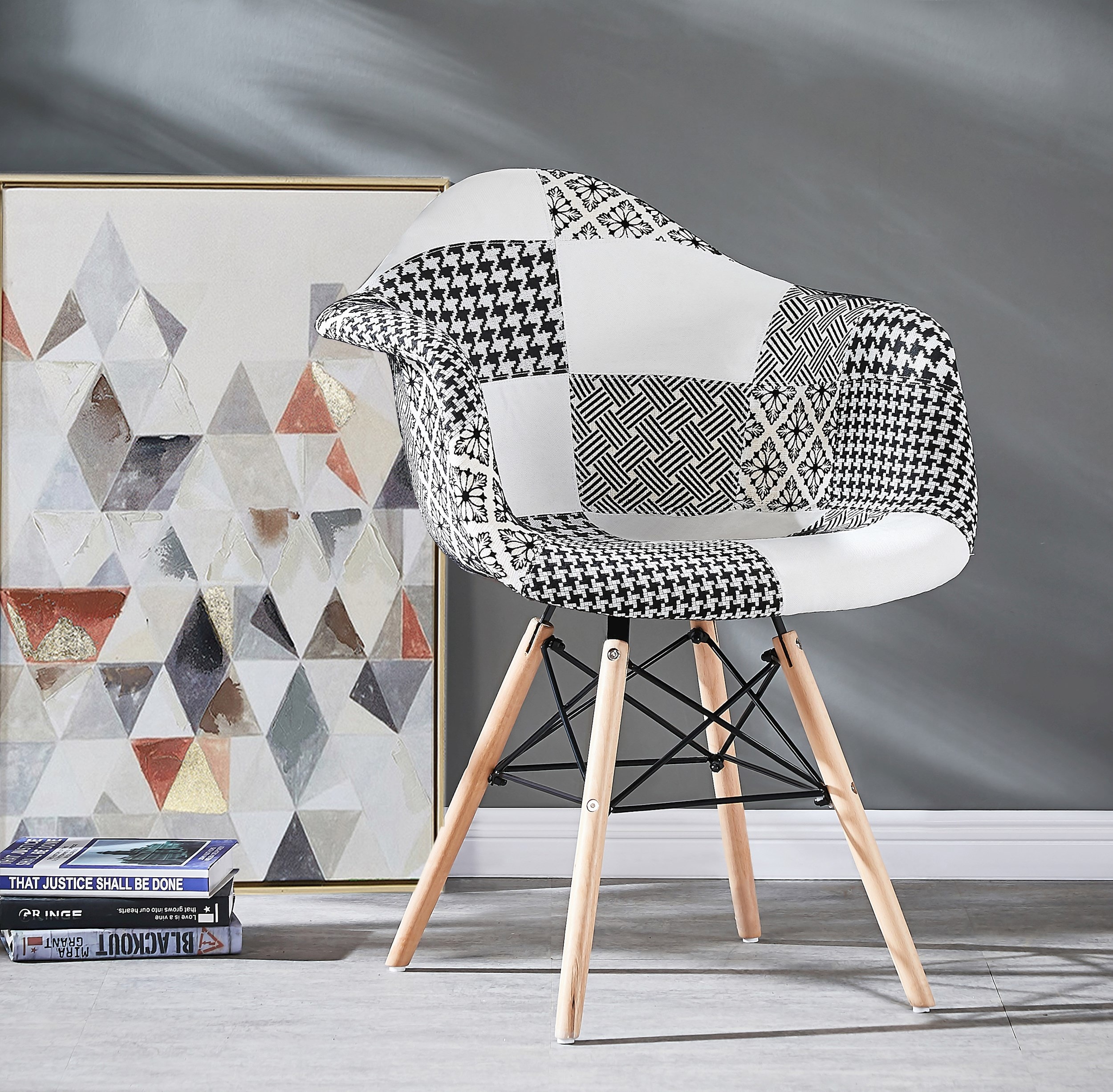 Chaise scandinave en tissu patchwork et métal noir - avec accoudoirs - noir  & blanc LIFE INTERIORS