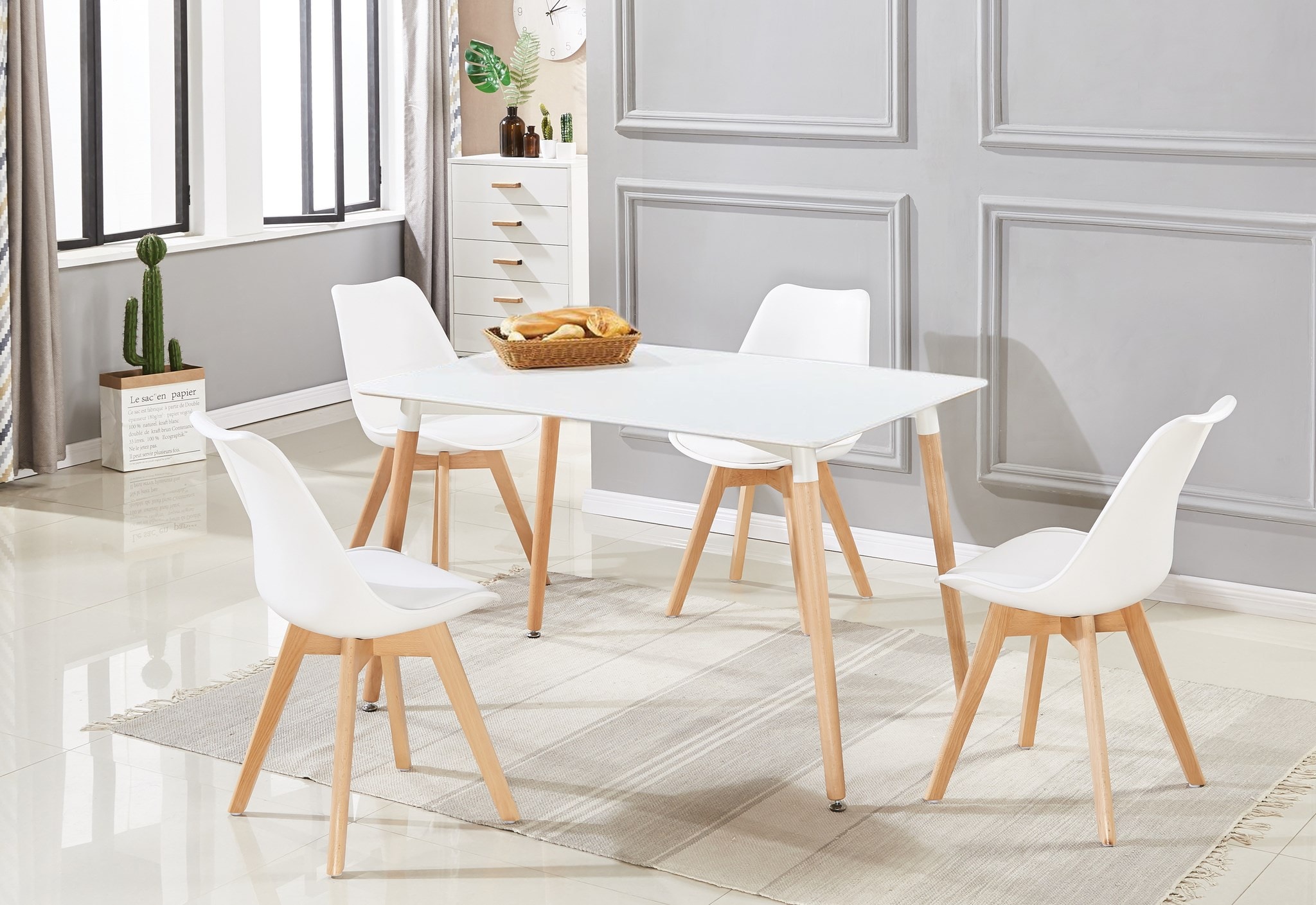 Ensemble table à manger 120 cm et 4 chaises blanc et naturel