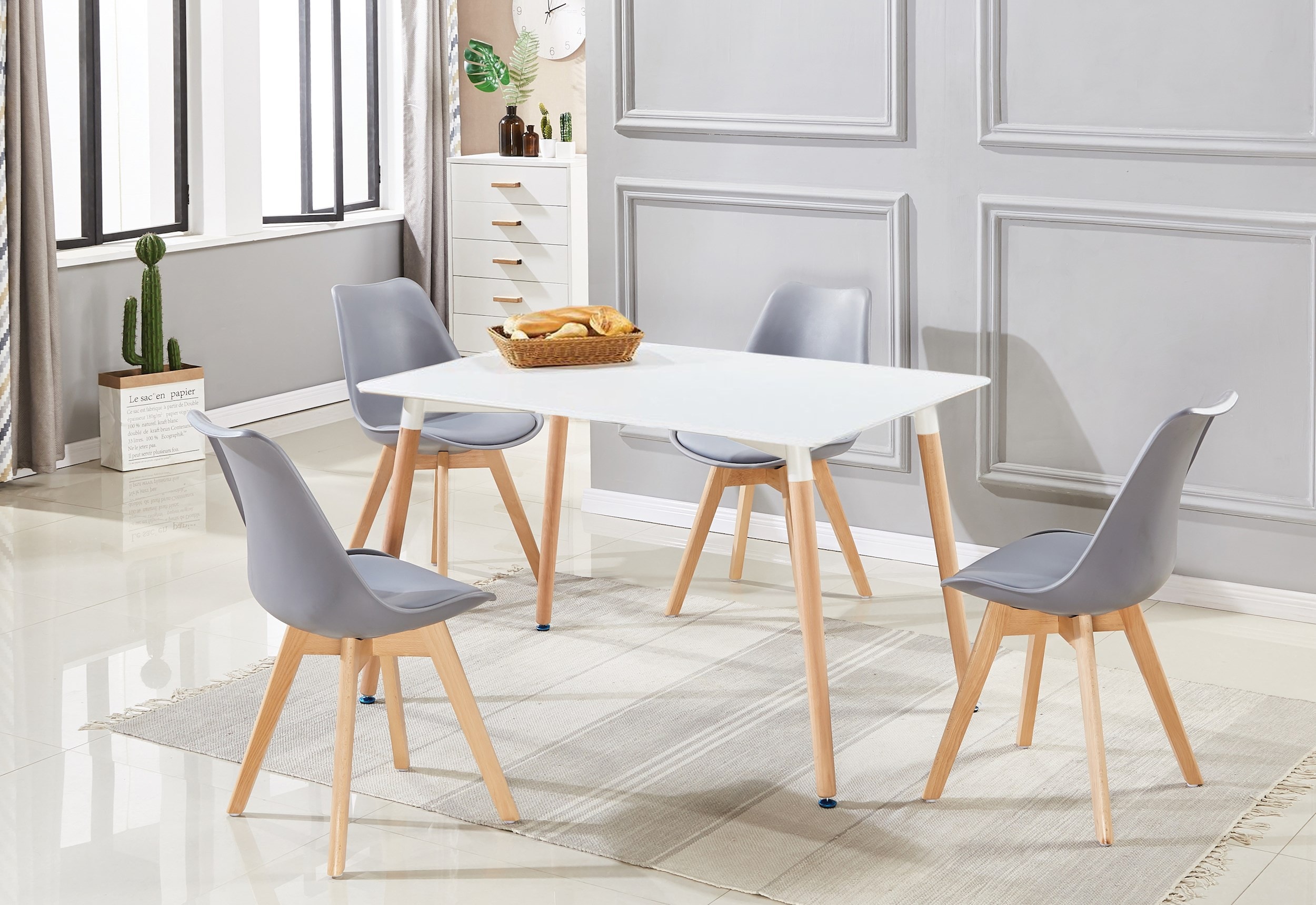 Salle à manger, table et 4 chaises, grise et blanche
