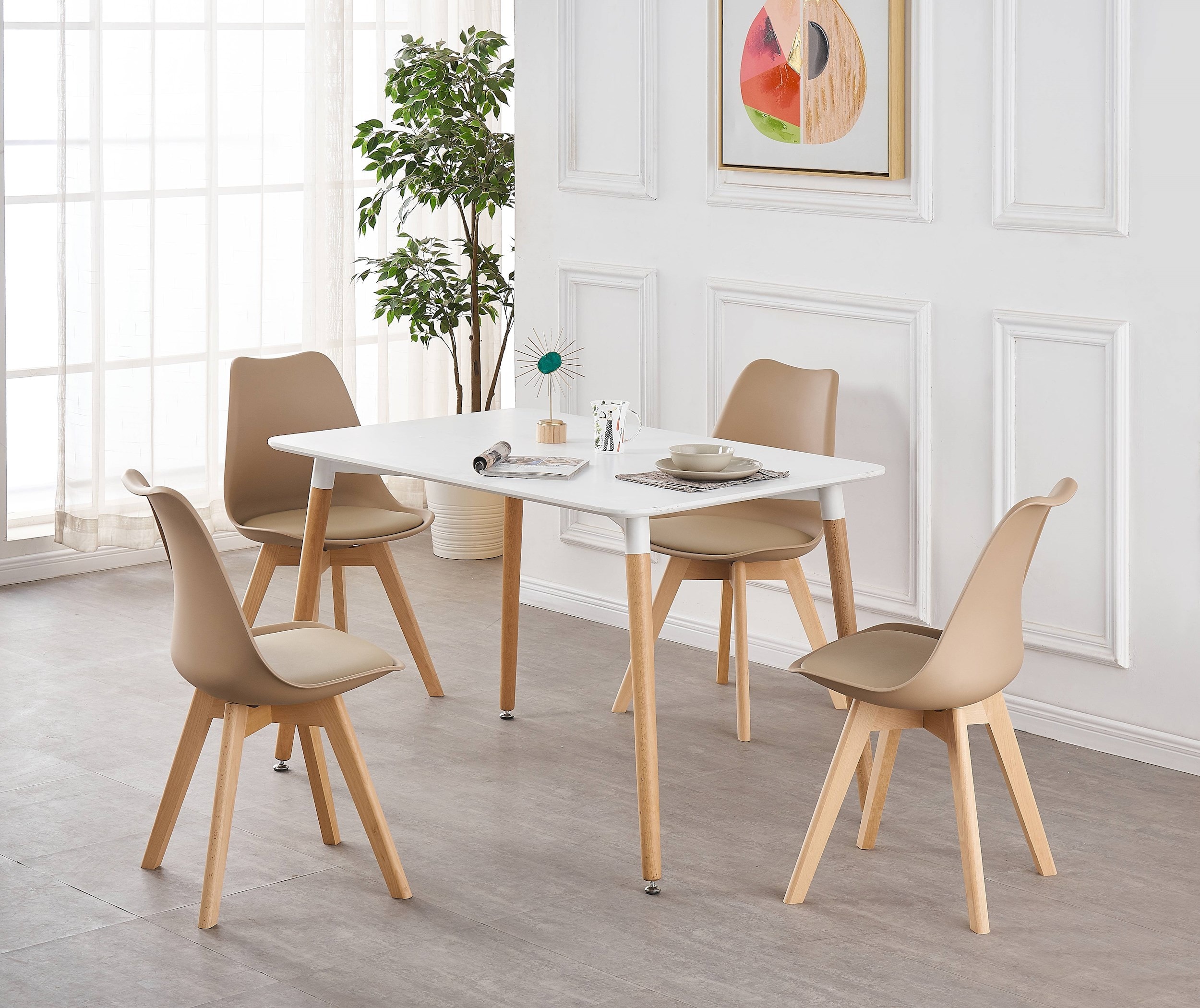 Ensemble table à manger rectangulaire et 4 chaises scandinave bois blanc  pas cher 