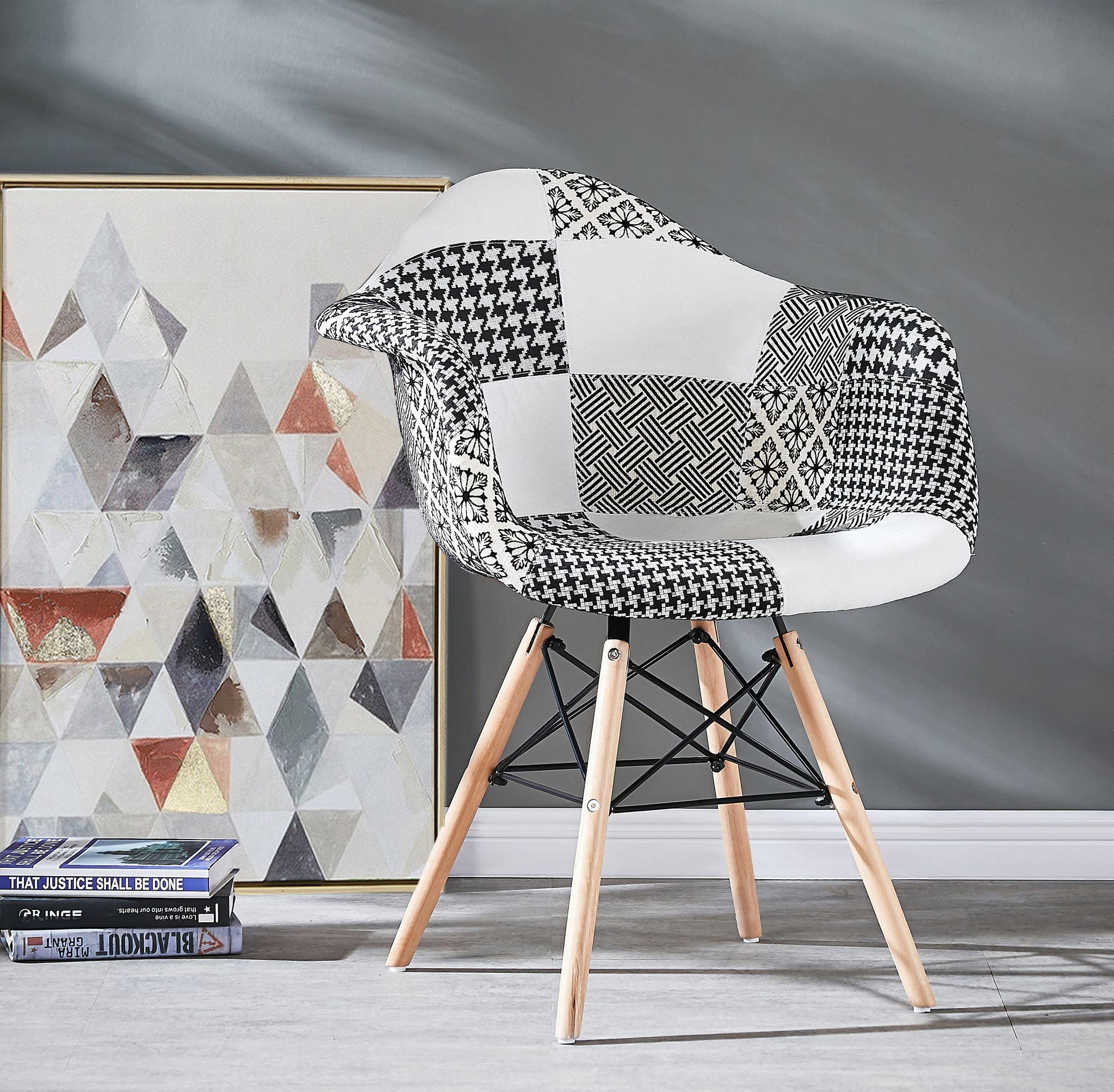 Chaise scandinave en tissu patchwork et métal noir - avec accoudoirs - noir  & blanc LIFE INTERIORS