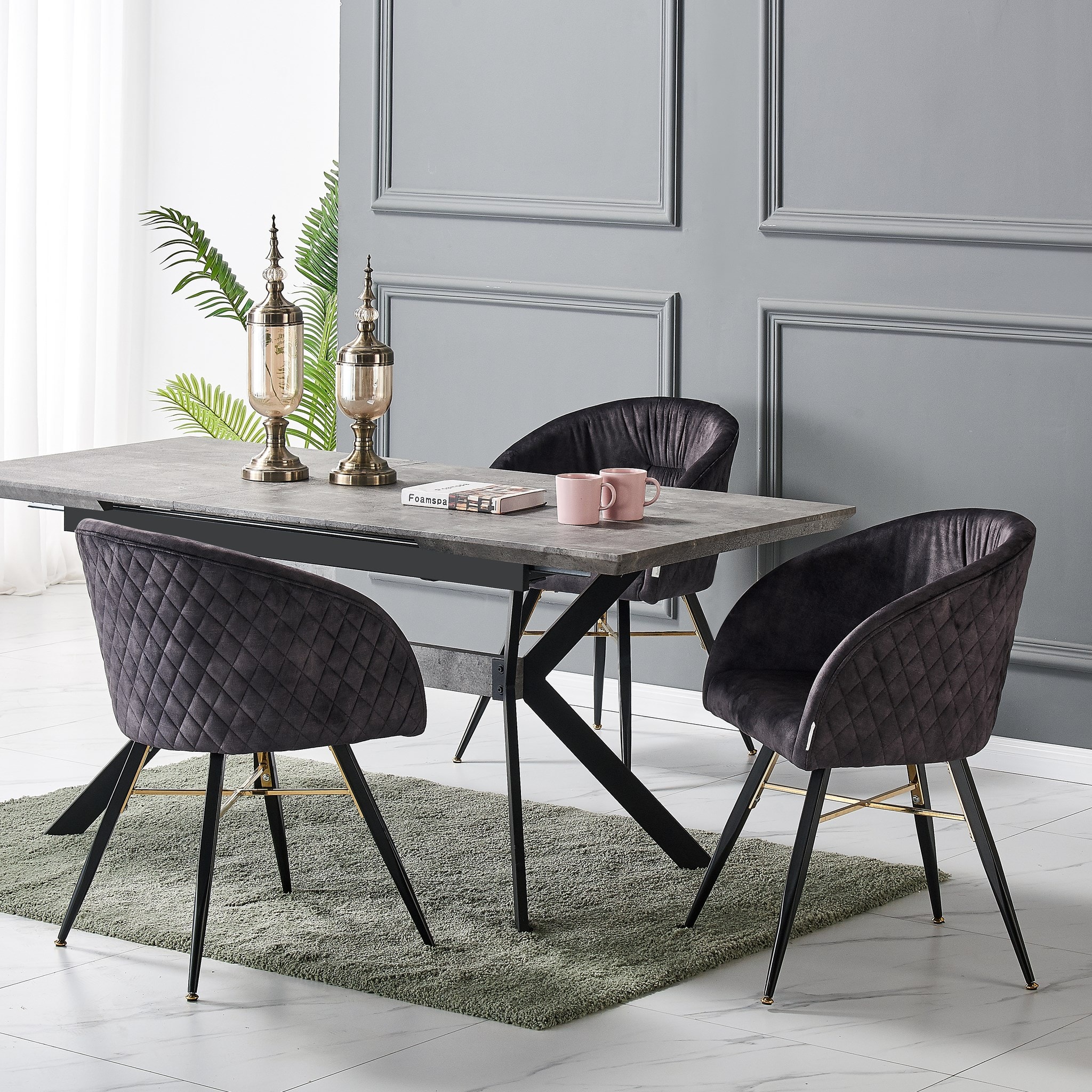 Eva - ensemble table à manger extensible 4 à 6 personnes décor marbre gris  & noir + 4 chaises en velours grises - style moderne LIFE INTERIORS