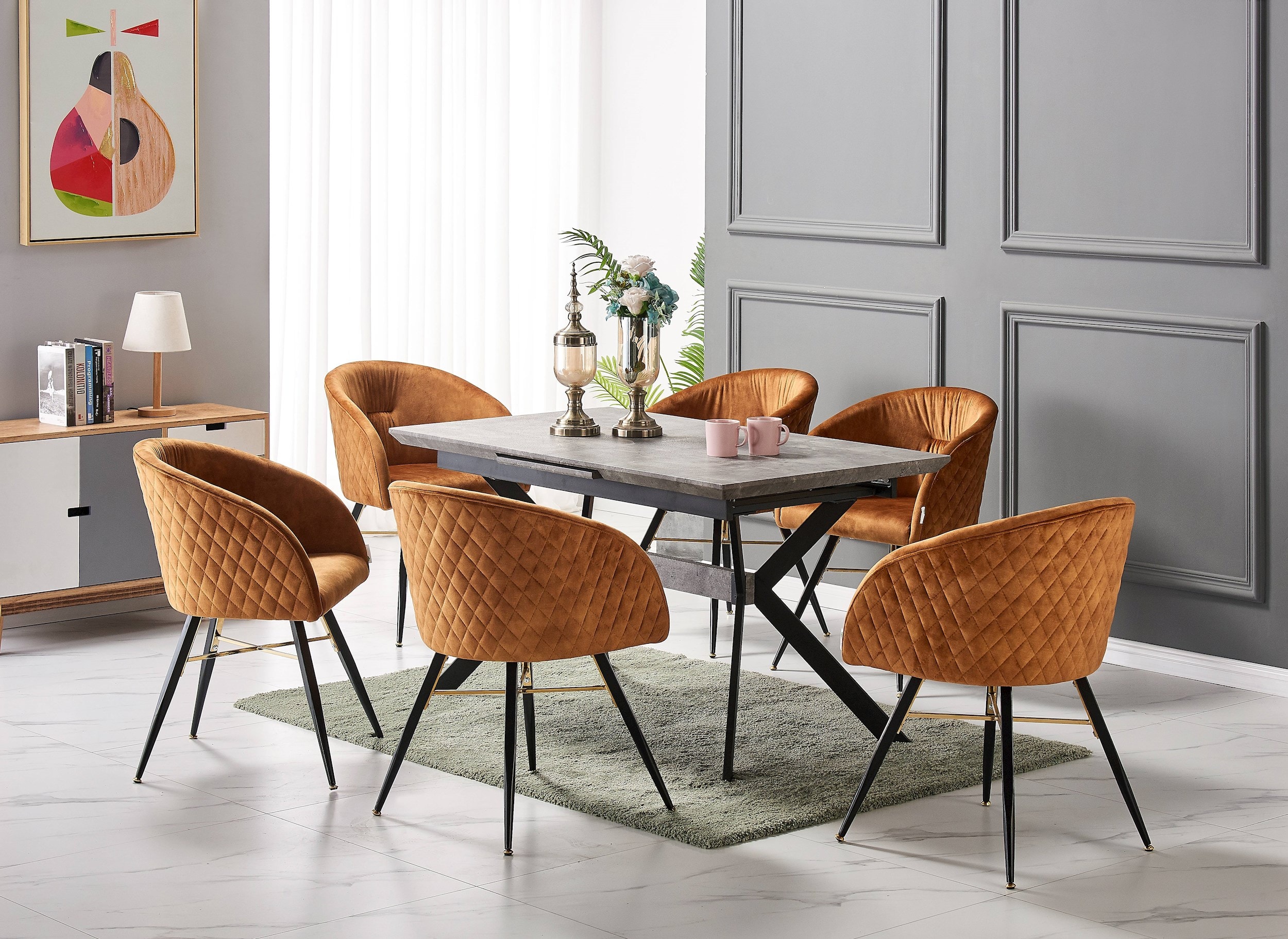 Eva - table à manger rectangulaire extensible 4 à 6 personnes décor marbre  gris & noir + 6 chaises en velours marron - style moderne LIFE INTERIORS