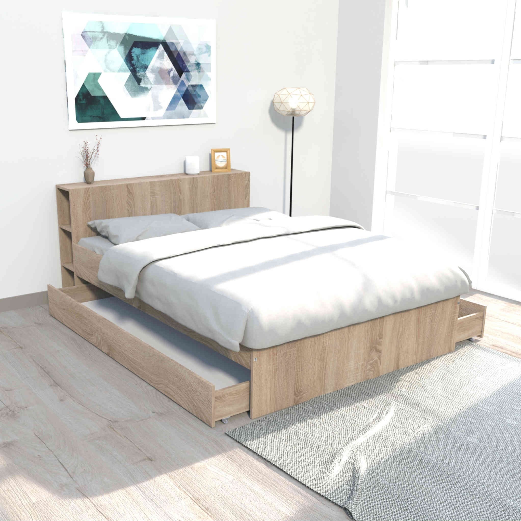 Lit 2 tiroirs avec tête de lit étagères en bois imitation ...