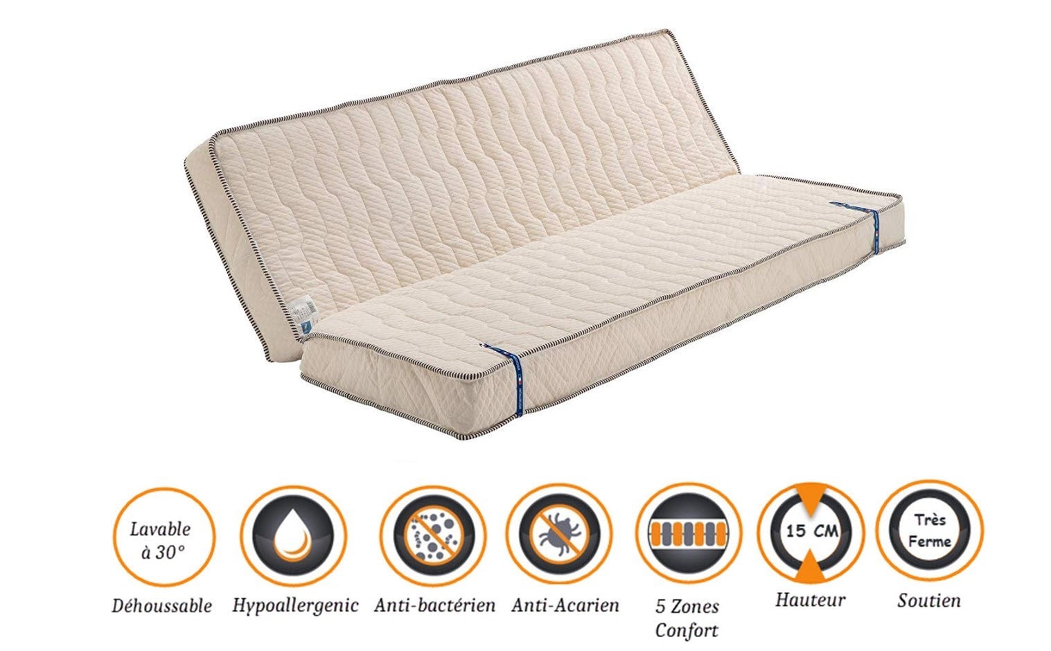 Matelas très ferme pour clic clac + alèse 130x190 15 cm - dim assise 60