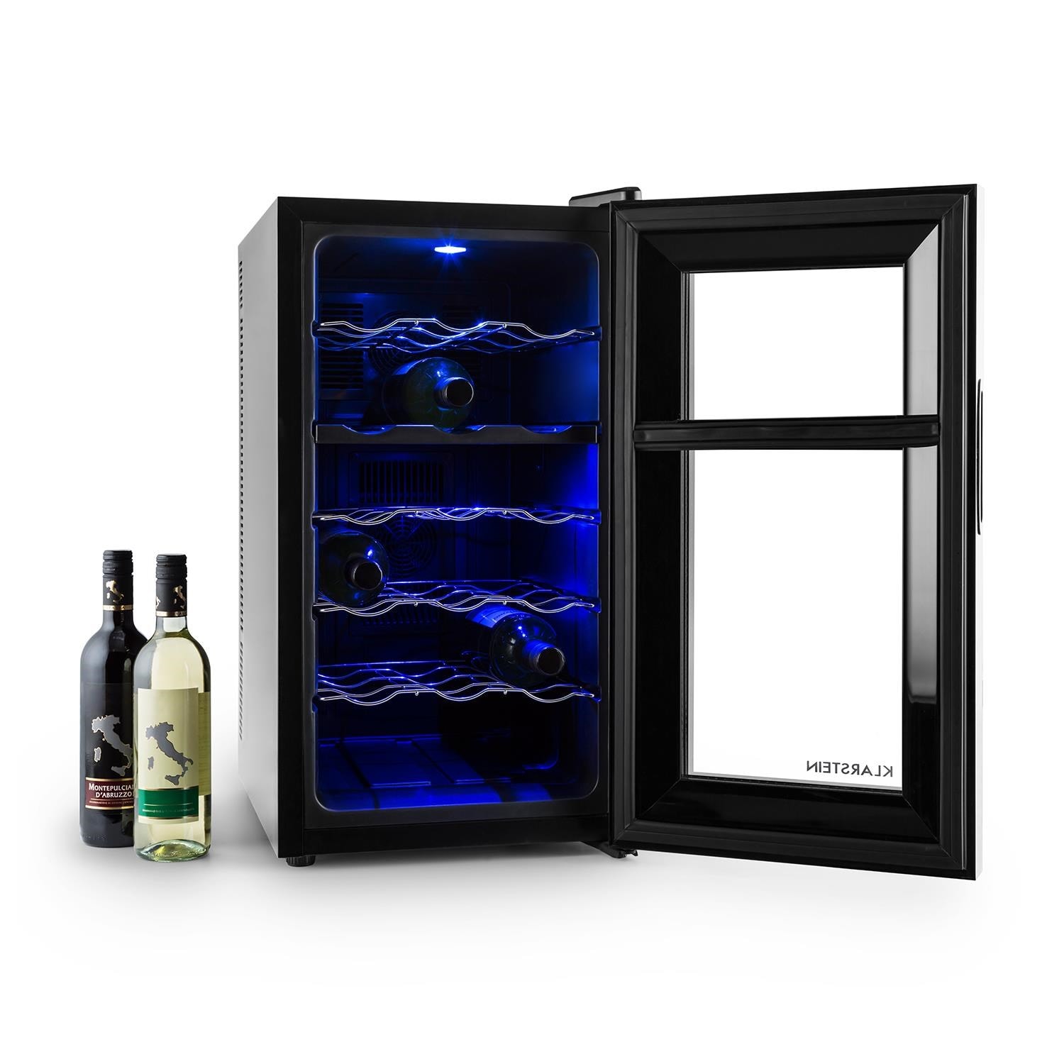 Klarstein Cave à vin 19 bouteilles, cave de service avec étagères en bois  amovibles, porte en verre, commande tactile, écran LCD, éclairage  intérieur, temp de 5 à 18°C, cave a vin veillissement, Noir