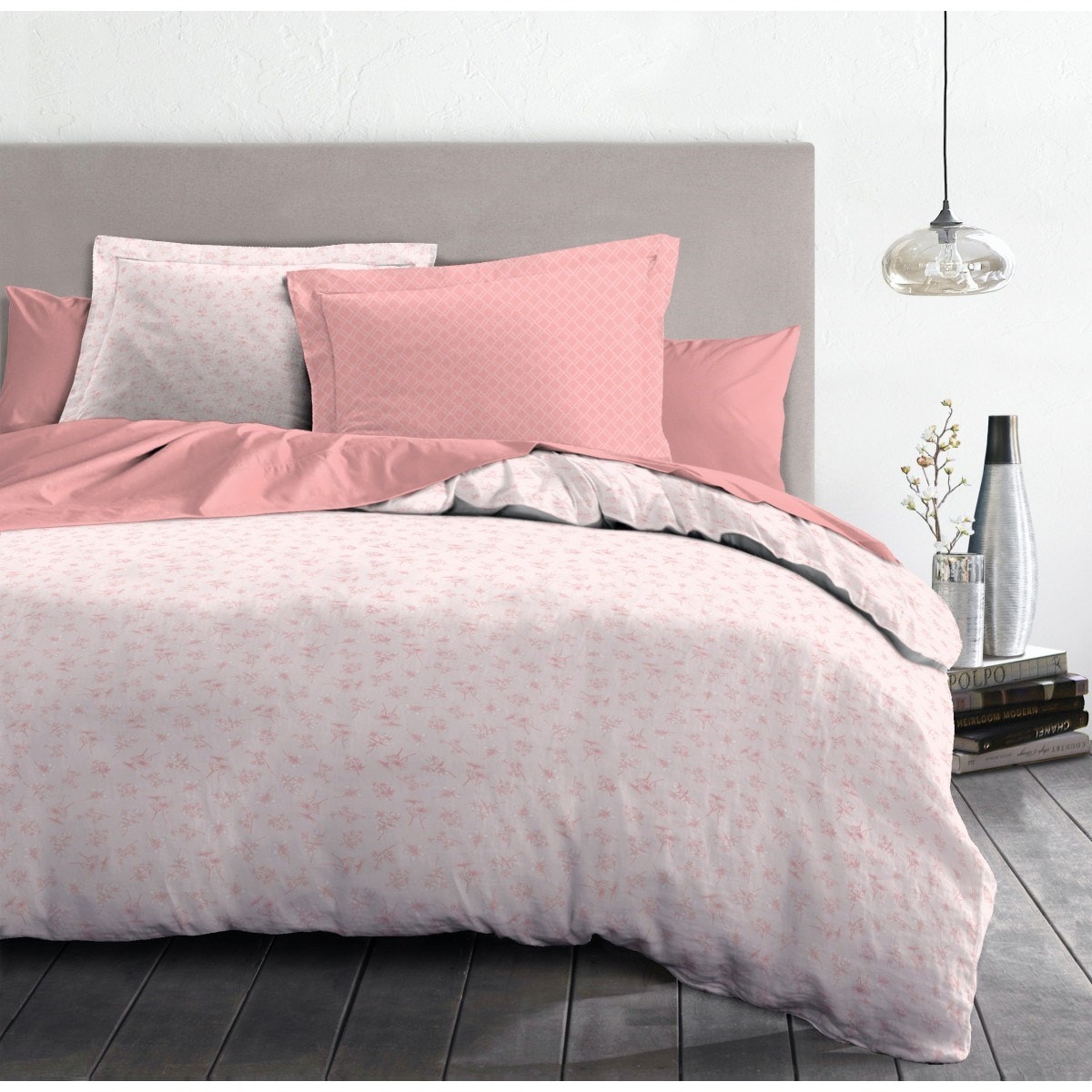 Housse de couette 3 pièces - coton - 220x240 cm - colibri rose poudré