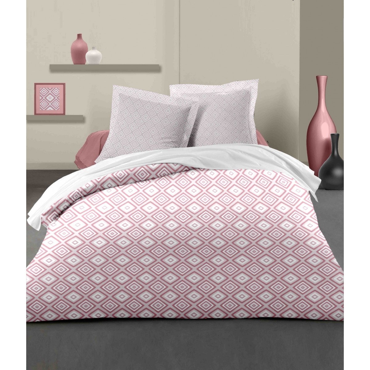 Housse de couette 3 pièces - coton - 220x240 cm - fox trot rose poudré